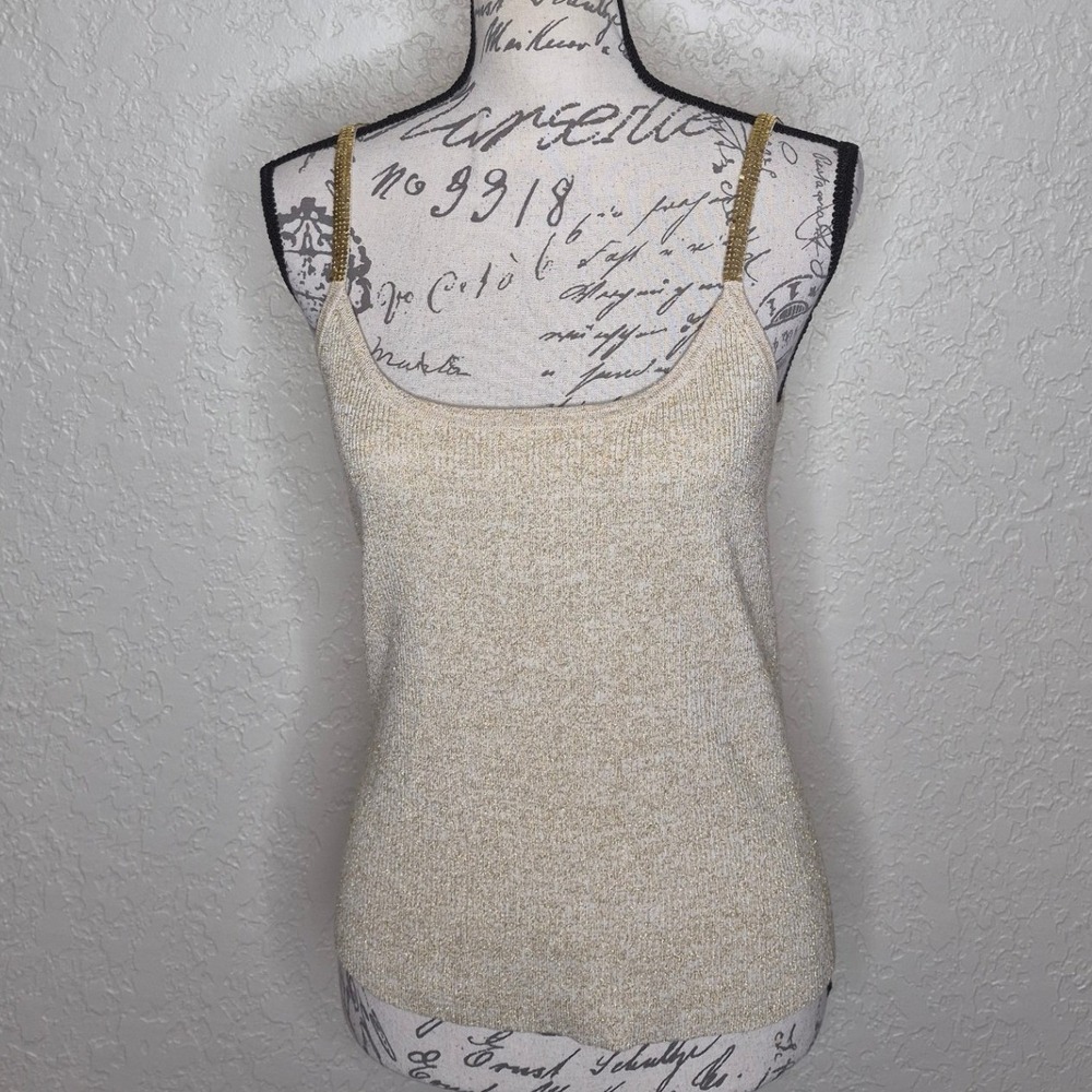 Michelle Antonelli Gold Metallic Silk Blend Ribbed Camisole Sequin Strap Tank S